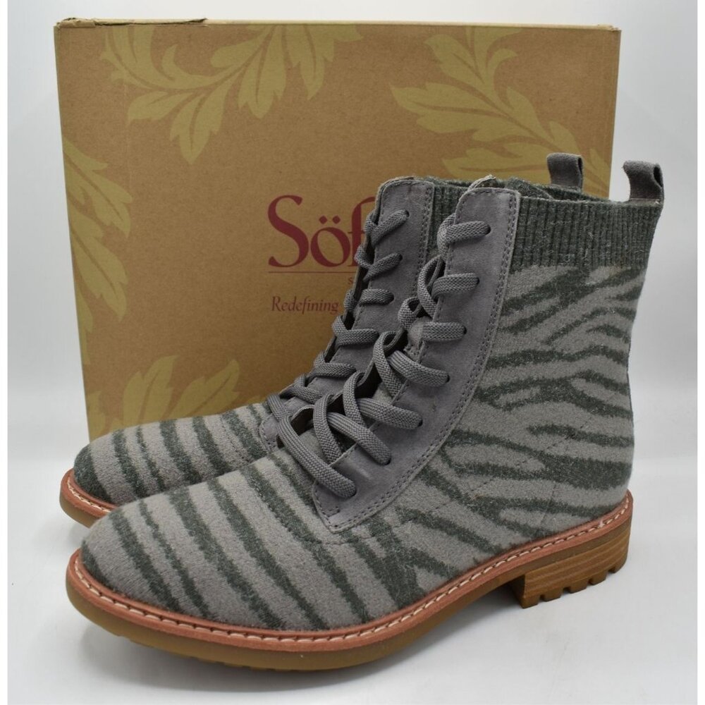 Sofft Womens Size 8.5 Landee Grey‎ Tiger Lace Up Knit Combat Boots Shoes